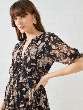 Latin Quarters Women's Black Half Sleeves V-Neck Printed Casual Midi Dress