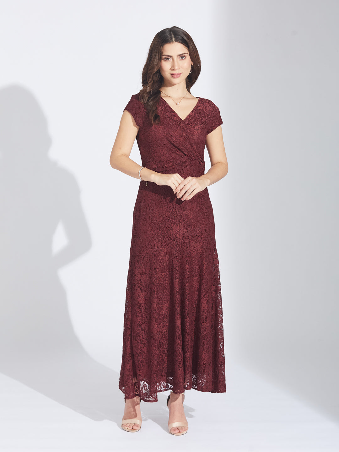 Latin Quarters Women's Maroon Cap Sleeves Self Design V-Neck Party Dress