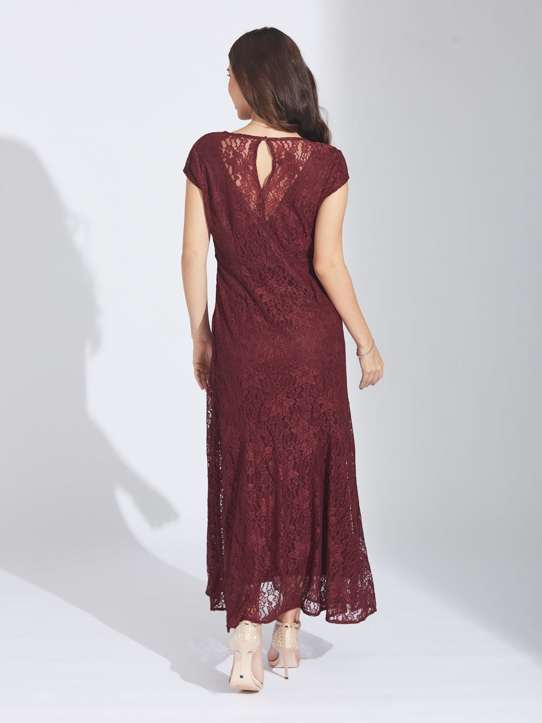 Latin Quarters Women's Maroon Cap Sleeves Self Design V-Neck Party Dress