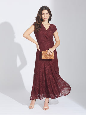 Latin Quarters Women's Maroon Cap Sleeves Self Design V-Neck Party Dress