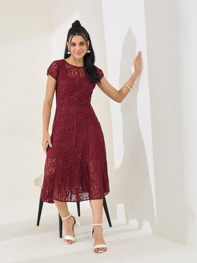 Latin Quarters Women's Maroon Cap Sleeve Round Neck Casual Fit & Flared Dress