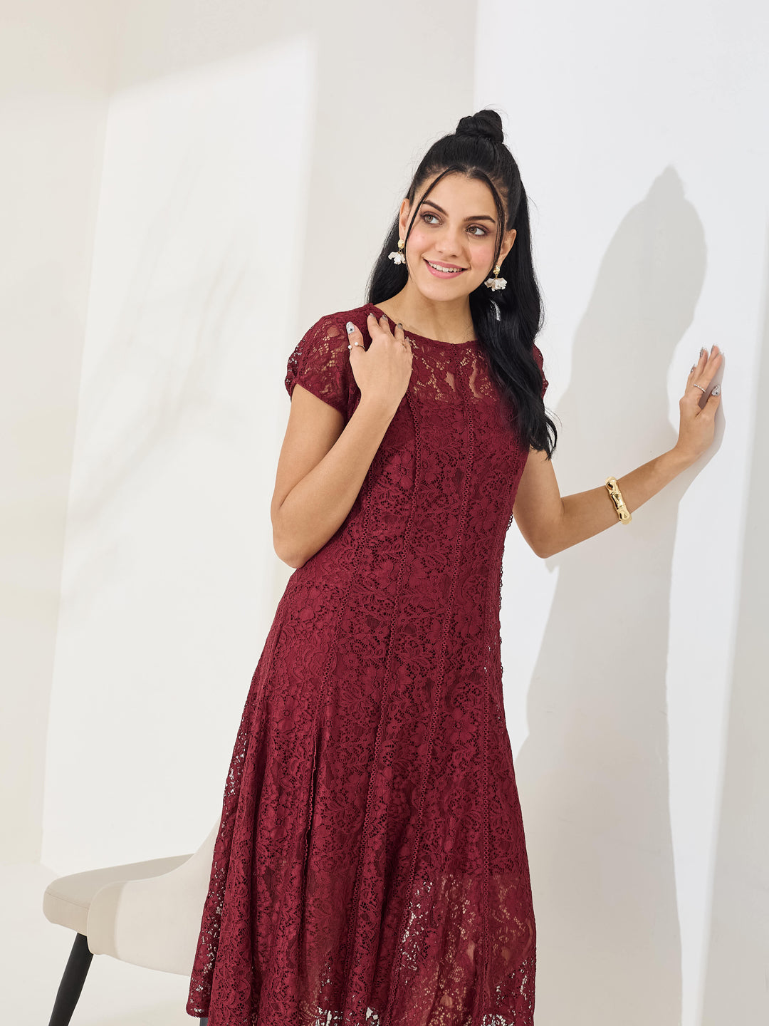 Latin Quarters Women's Maroon Cap Sleeve Round Neck Casual Fit & Flared Dress