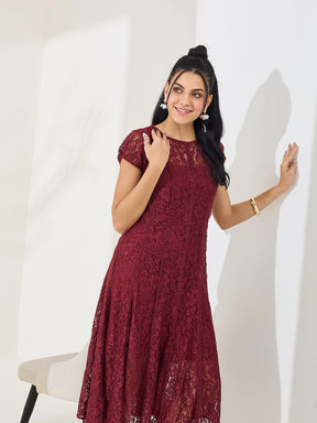 Latin Quarters Women's Maroon Cap Sleeve Round Neck Casual Fit & Flared Dress