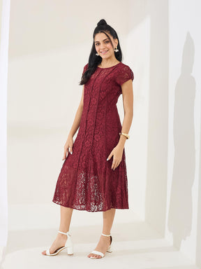 Latin Quarters Women's Maroon Cap Sleeve Round Neck Casual Fit & Flared Dress