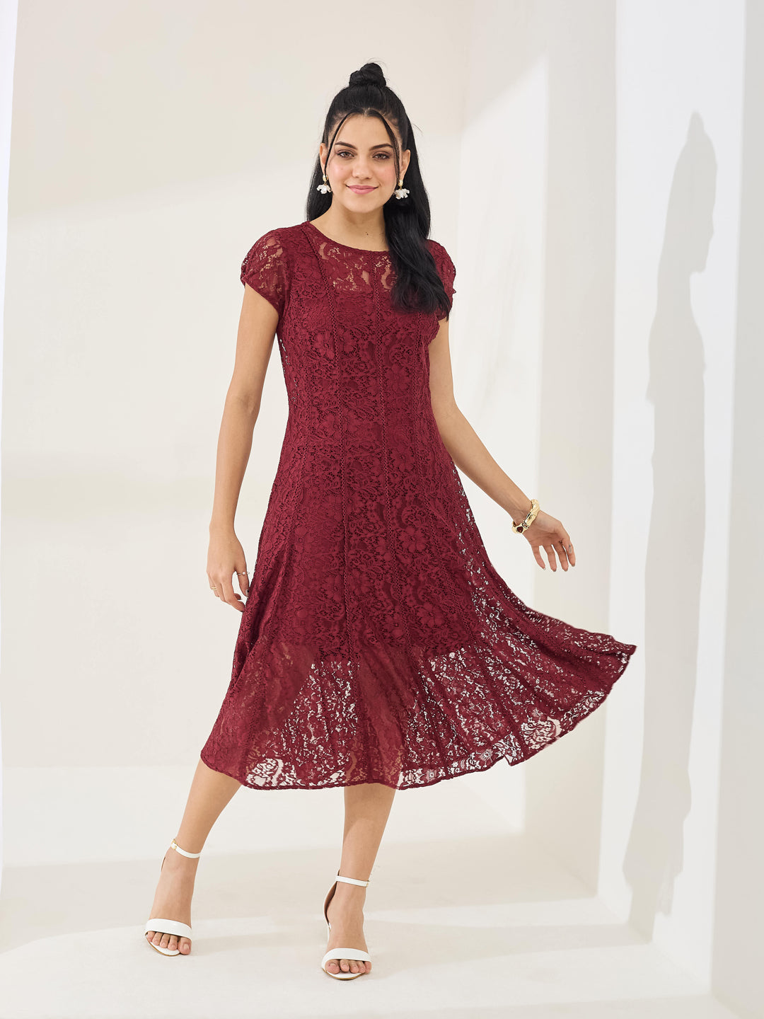 Latin Quarters Women's Maroon Cap Sleeve Round Neck Casual Fit & Flare Latin Quarters Women's Maroon Cap Sleeve Round Neck Casual Fit & Flare