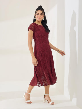 Latin Quarters Women's Maroon Cap Sleeve Round Neck Casual Fit & Flared Dress