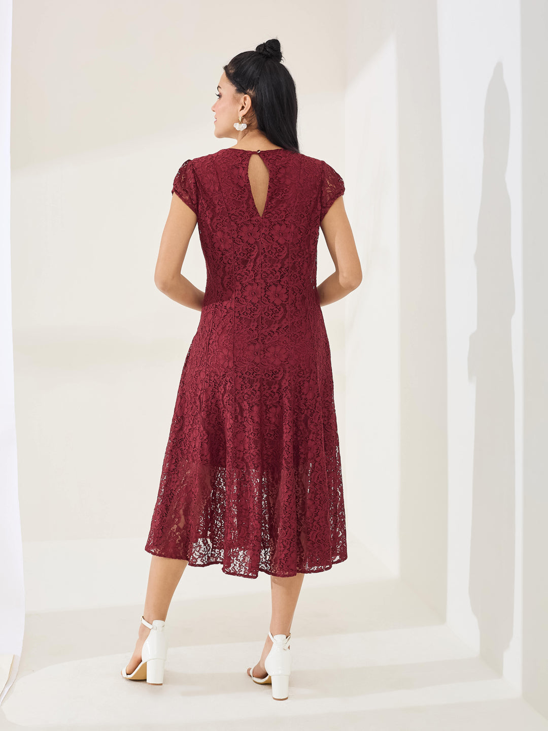 Latin Quarters Women's Maroon Cap Sleeve Round Neck Casual Fit & Flared Dress