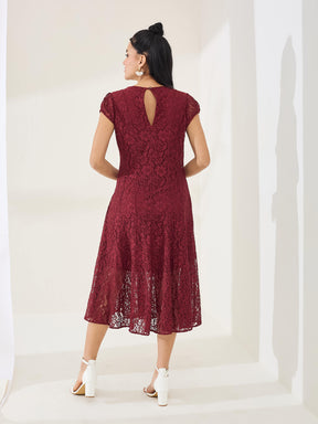 Latin Quarters Women's Maroon Cap Sleeve Round Neck Casual Fit & Flared Dress