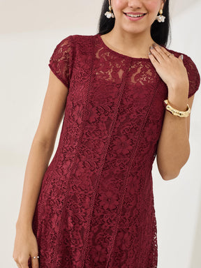 Latin Quarters Women's Maroon Cap Sleeve Round Neck Casual Fit & Flared Dress