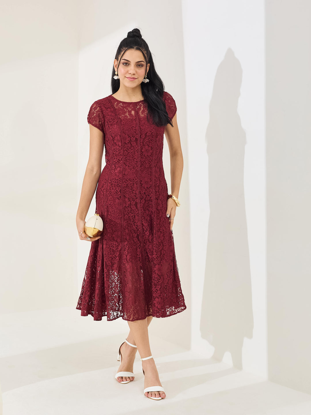 Latin Quarters Women's Maroon Cap Sleeve Round Neck Casual Fit & Flared Dress