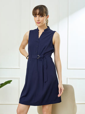 Latin Quarters Women's Blue Sleeveless Collar Neck Casual Solid Dress