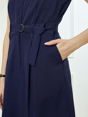 Latin Quarters Women's Blue Sleeveless Collar Neck Casual Solid Dress