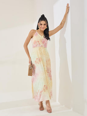 Latin Quarters Women's Yellow Printed Strappy V-Neck Casual A-Line Dress