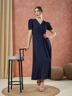 Latin Quarters Women's Blue Half Sleeves Solid V-Neck Evening Dress