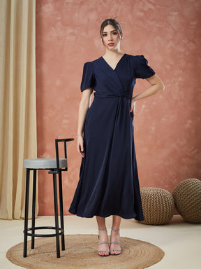 Latin Quarters Women's Blue Half Sleeves Solid V-Neck Evening Dress