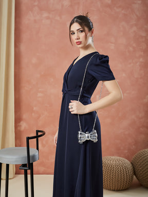 Latin Quarters Women's Blue Half Sleeves Solid V-Neck Evening Dress