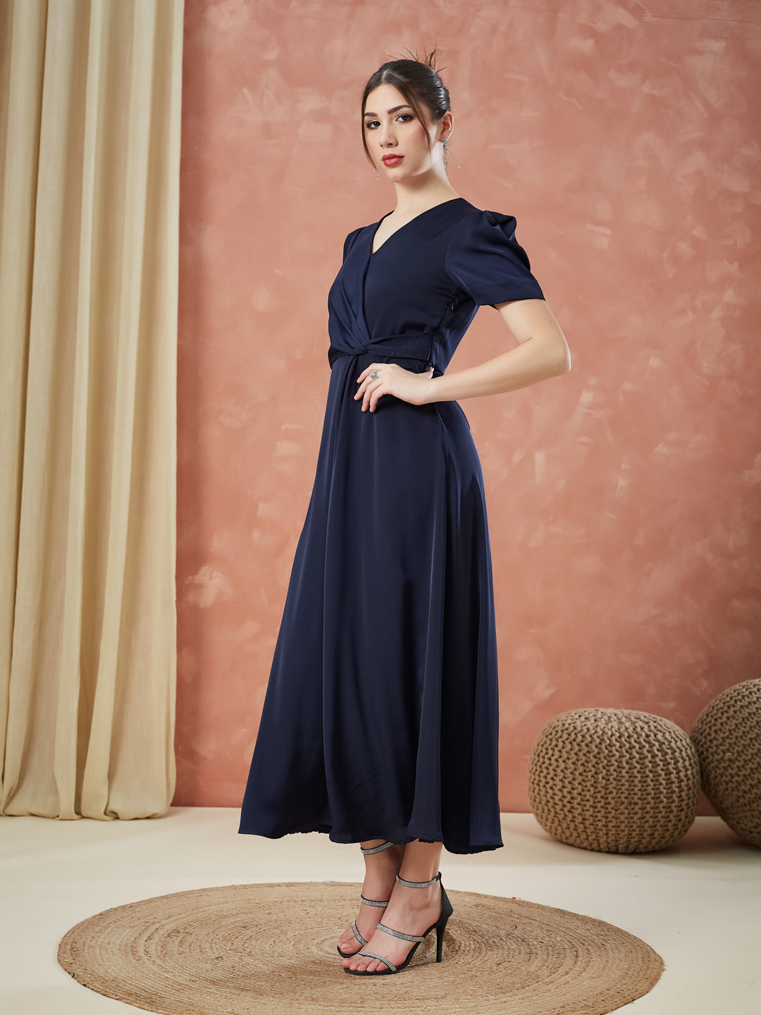 Latin Quarters Women's Blue Half Sleeves Solid V-Neck Evening Dress