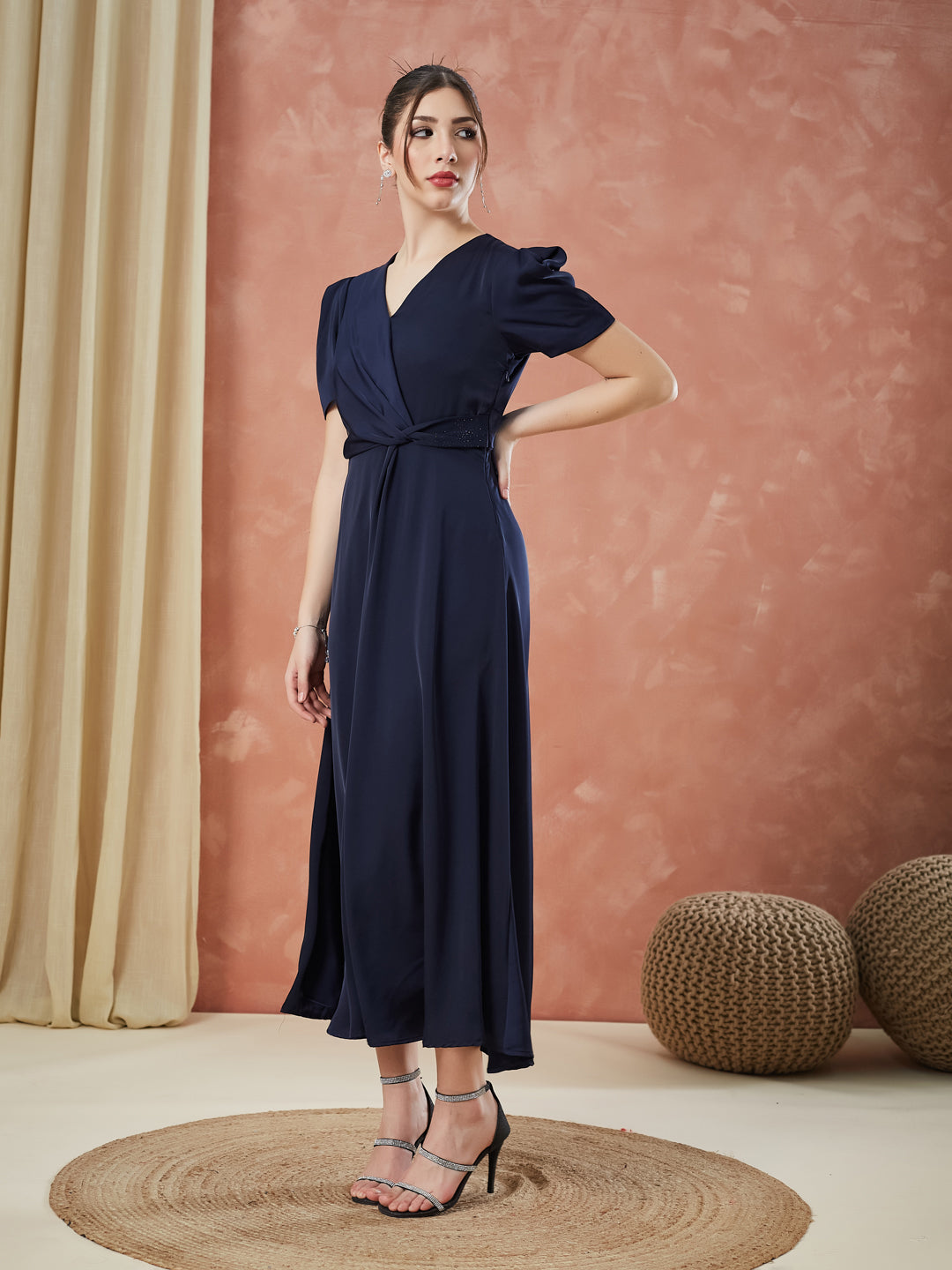 Latin Quarters Women's Blue Half Sleeves Solid V-Neck Evening Dress