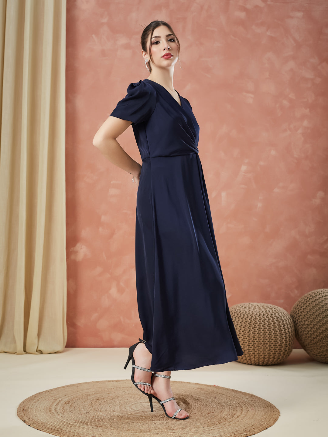 Latin Quarters Women's Blue Half Sleeves Solid V-Neck Evening Dress