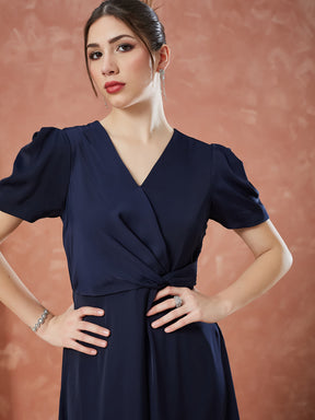 Latin Quarters Women's Blue Half Sleeves Solid V-Neck Evening Dress