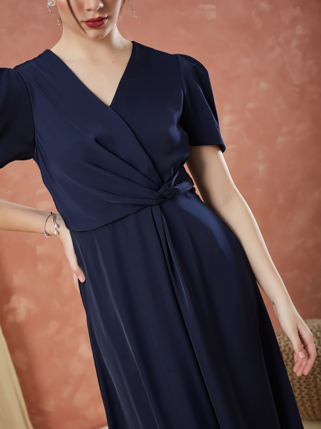 Latin Quarters Women's Blue Half Sleeves Solid V-Neck Evening Dress