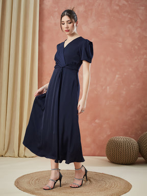 Latin Quarters Women's Blue Half Sleeves Solid V-Neck Evening Dress