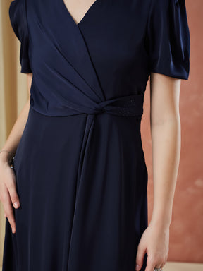 Latin Quarters Women's Blue Half Sleeves Solid V-Neck Evening Dress