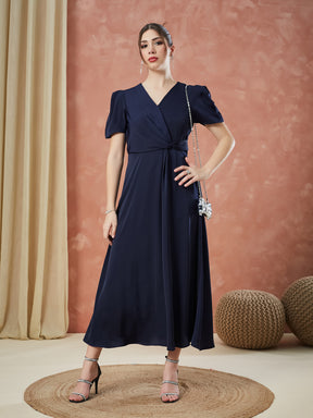 Latin Quarters Women's Blue Half Sleeves Solid V-Neck Evening Dress