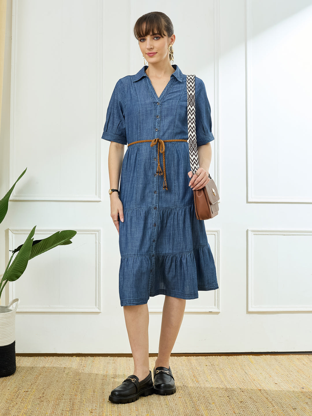 Latin Quarters Women's Blue Half Sleeves Collar Neck Casual Solid Dress