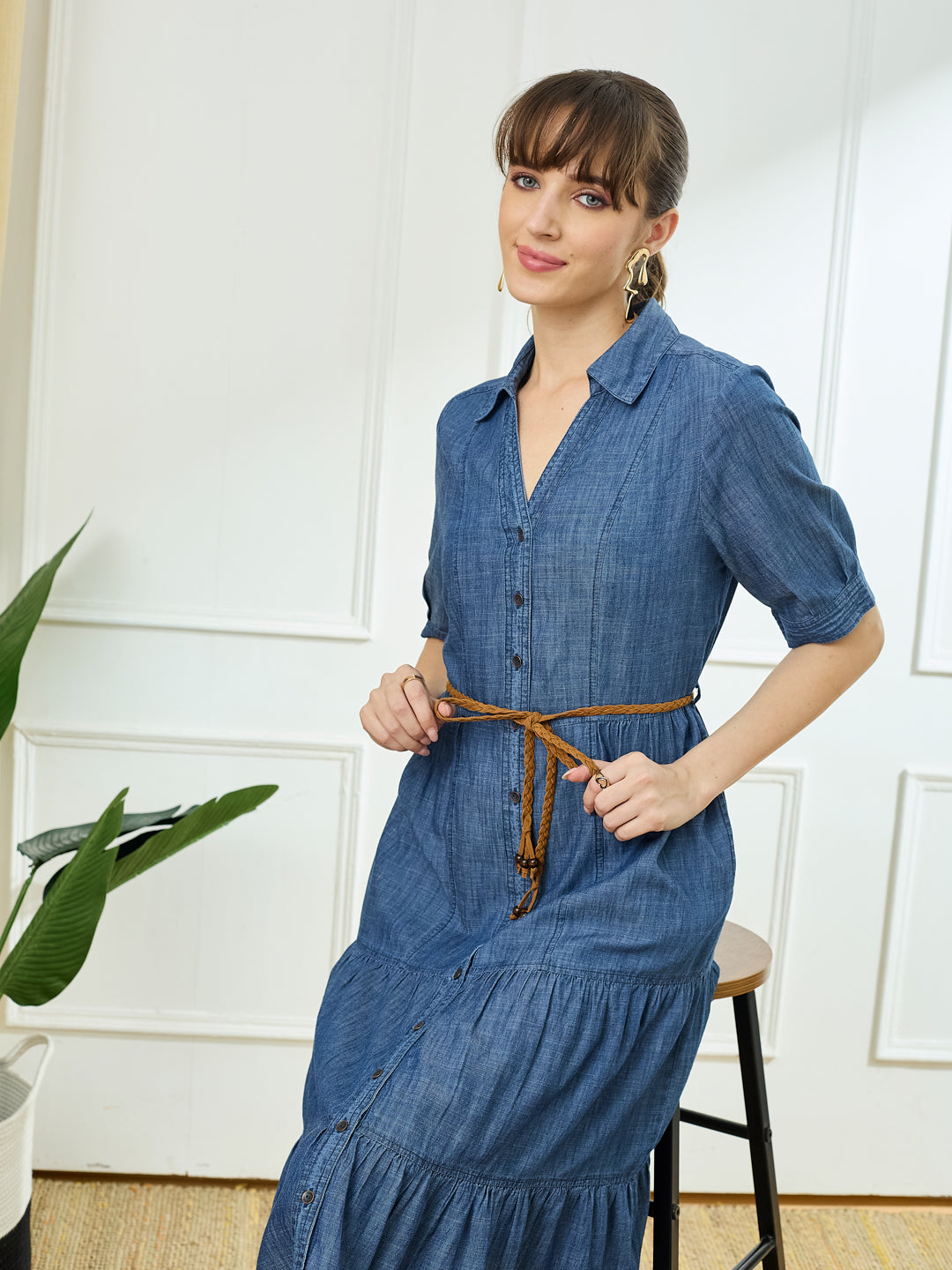 Latin Quarters Women's Blue Half Sleeves Collar Neck Casual Solid Dress