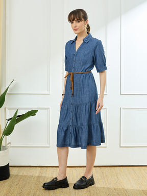 Latin Quarters Women's Blue Half Sleeves Collar Neck Casual Solid Dress