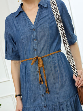 Latin Quarters Women's Blue Half Sleeves Collar Neck Casual Solid Dress