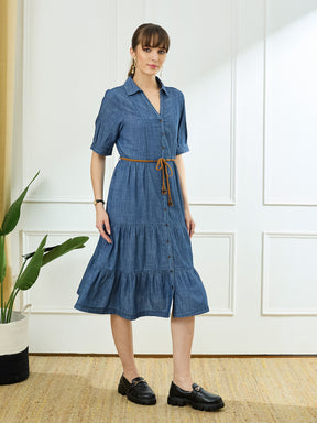 Latin Quarters Women's Blue Half Sleeves Collar Neck Casual Solid Dress