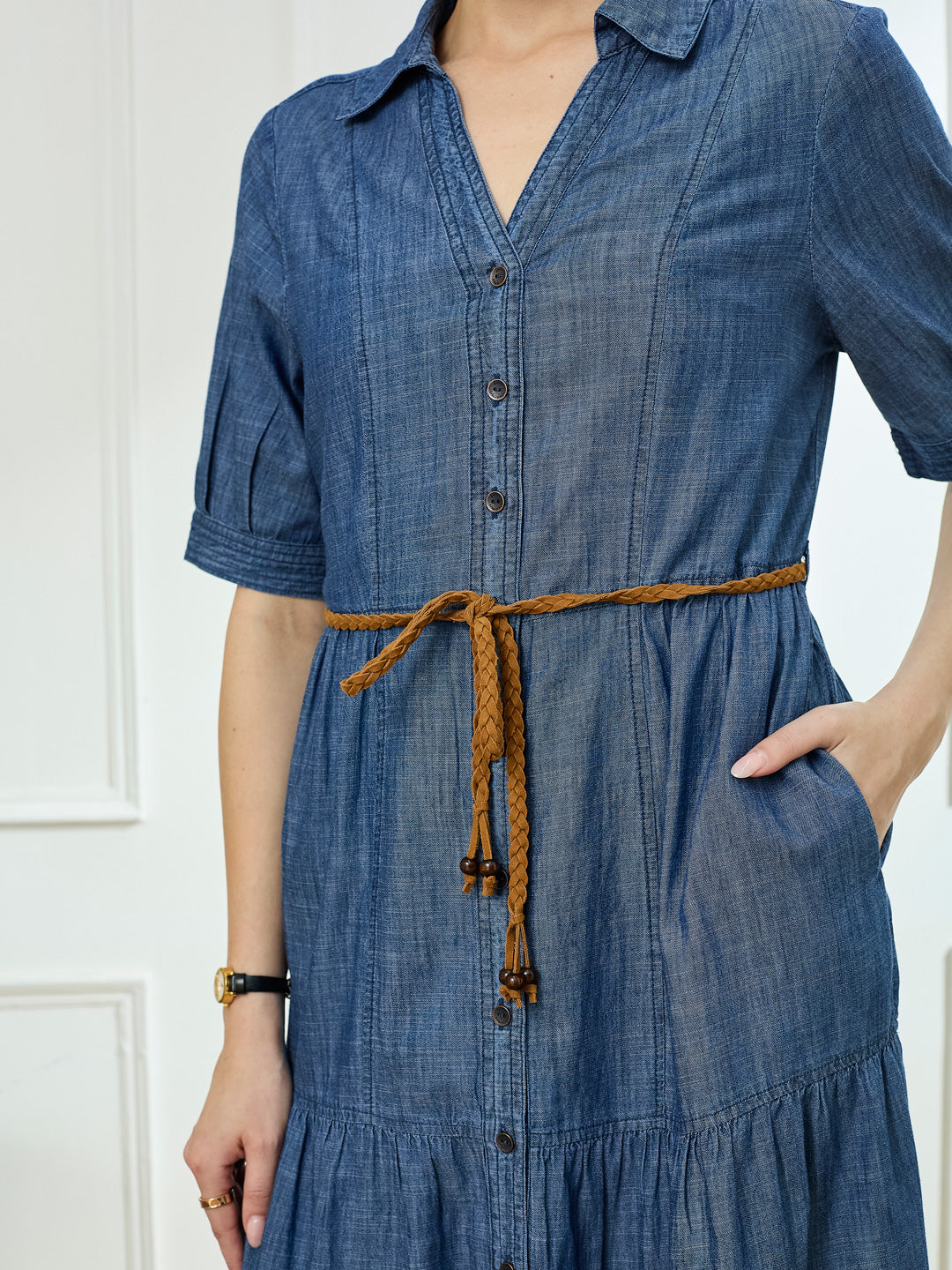 Latin Quarters Women's Blue Half Sleeves Collar Neck Casual Solid Dress