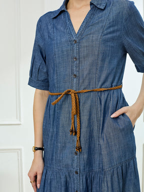 Latin Quarters Women's Blue Half Sleeves Collar Neck Casual Solid Dress