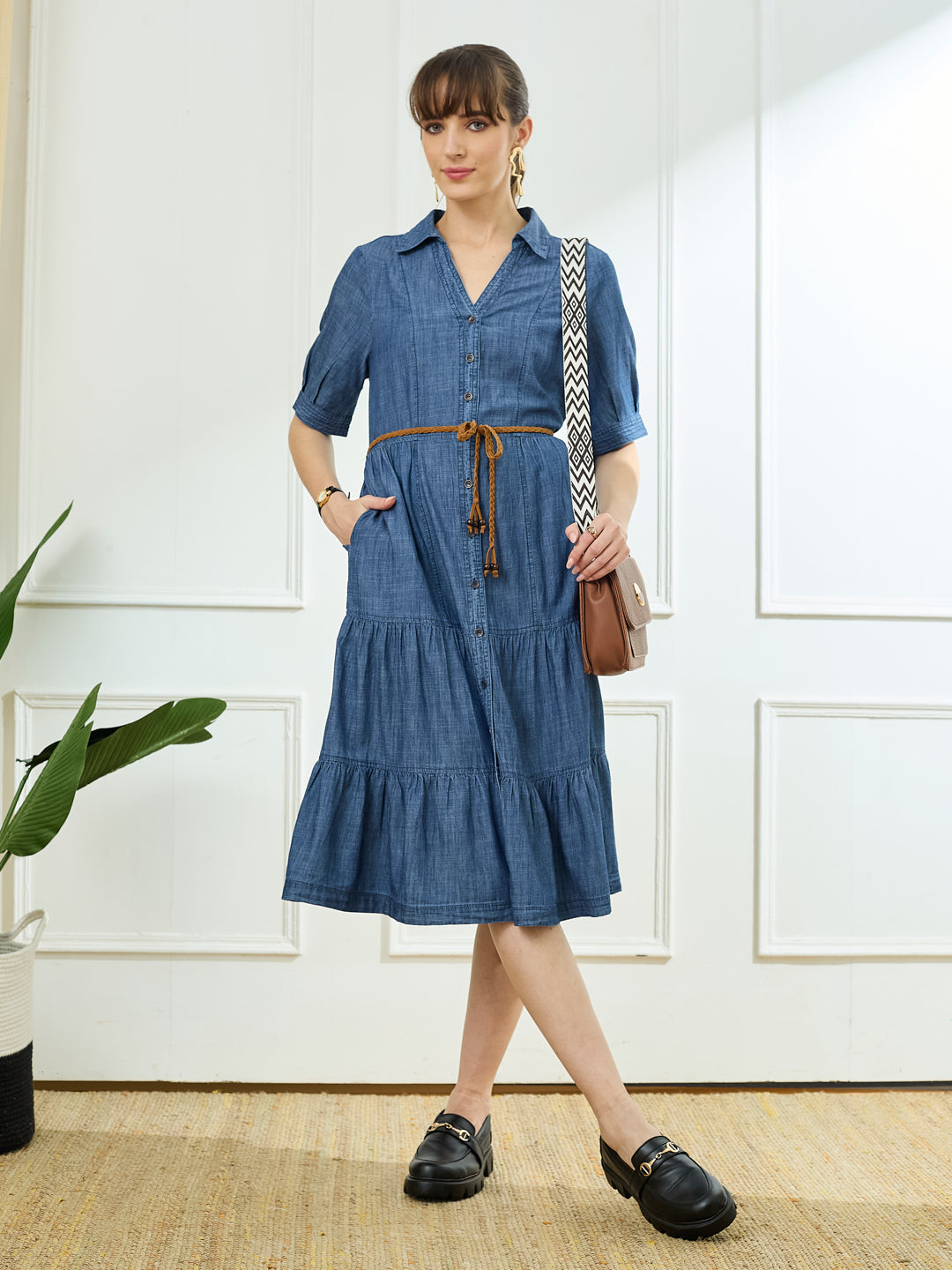 Latin Quarters Women's Blue Half Sleeves Collar Neck Casual Solid Dress