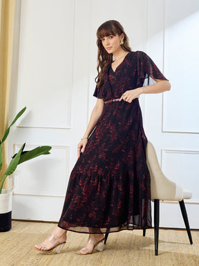 Latin Quarters Women's Black Printed V-Neck Half Sleeve Casual Fit & Flare Dress