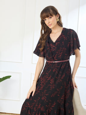 Latin Quarters Women's Black Printed V-Neck Half Sleeve Casual Fit & Flare Dress