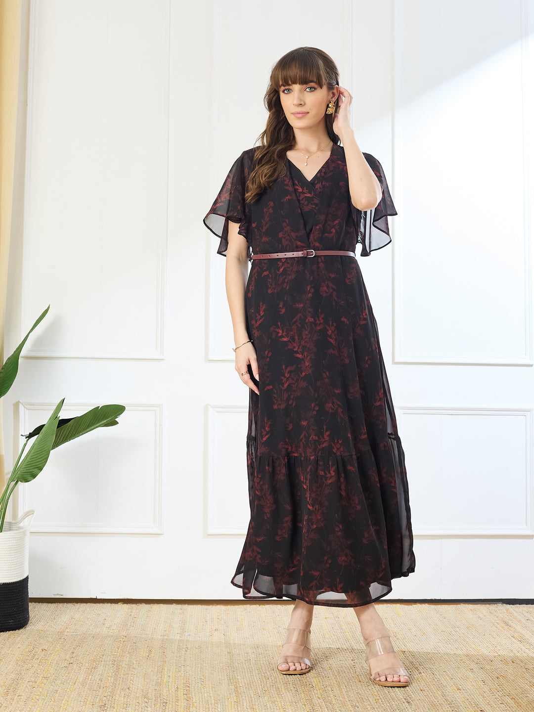 Latin Quarters Women's Black Printed V-Neck Half Sleeve Casual Fit & Flare Dress