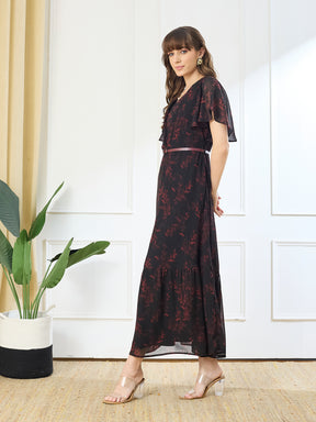 Latin Quarters Women's Black Printed V-Neck Half Sleeve Casual Fit & Flare Dress