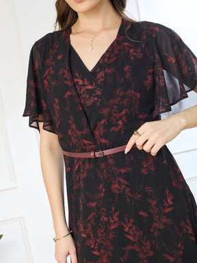 Latin Quarters Women's Black Printed V-Neck Half Sleeve Casual Fit & Flare Dress