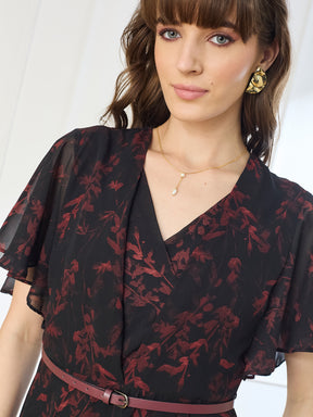 Latin Quarters Women's Black Half Sleeves V-Neck Casual Printed Dress