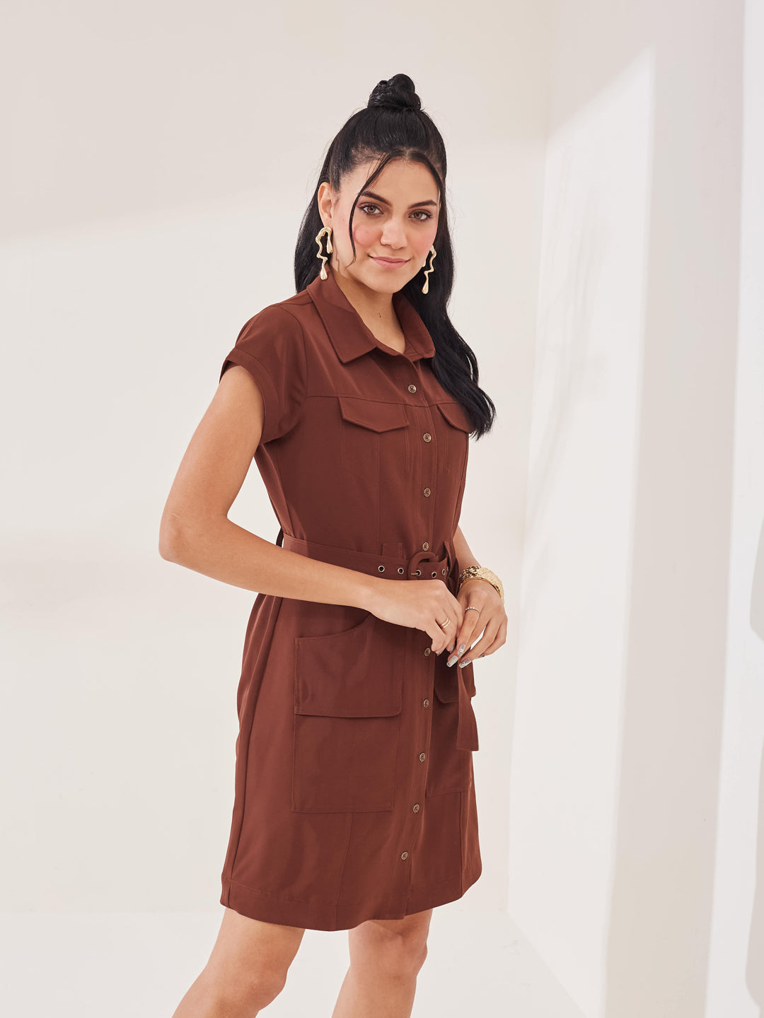 Latin Quarters Women's Brown Solid Cap Sleeve Collar Neck Casual Shirt Dress