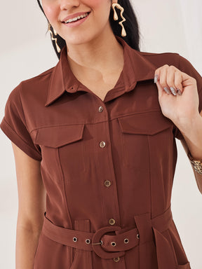 Latin Quarters Women's Brown Solid Cap Sleeve Collar Neck Casual Shirt Dress
