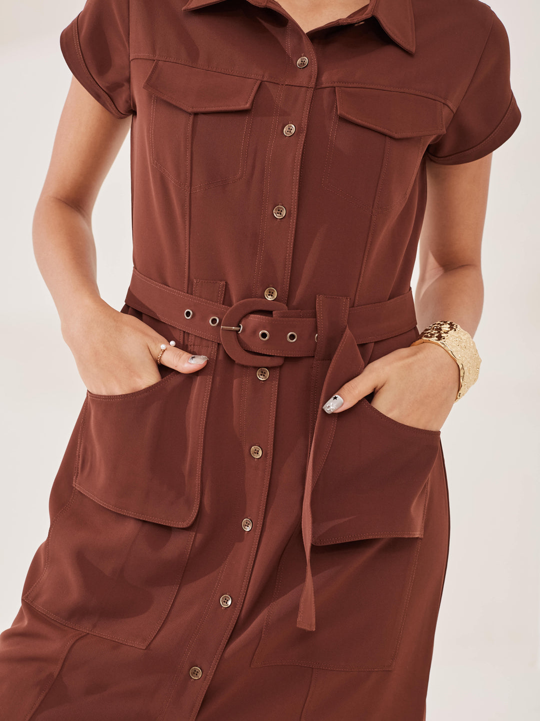 Latin Quarters Women's Brown Solid Cap Sleeve Collar Neck Casual Shirt Dress