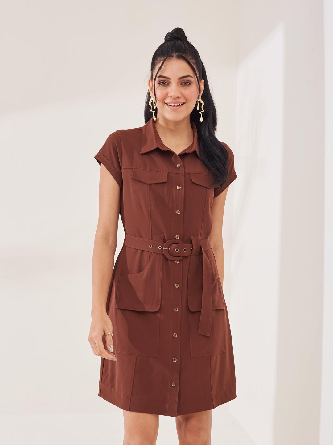 Latin Quarters Women's Brown Solid Cap Sleeve Collar Neck Casual Shirt Dress