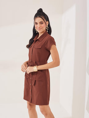 Latin Quarters Women's Brown Solid Cap Sleeve Collar Neck Casual Shirt Dress