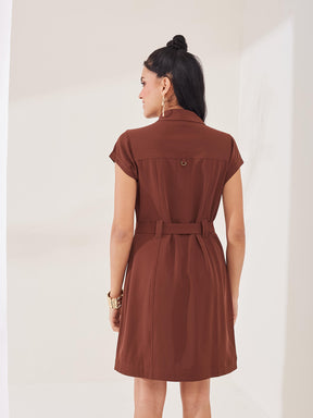 Latin Quarters Women's Brown Solid Cap Sleeve Collar Neck Casual Shirt Dress