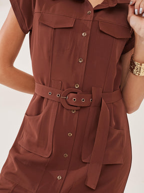 Latin Quarters Women's Brown Solid Cap Sleeve Collar Neck Casual Shirt Dress