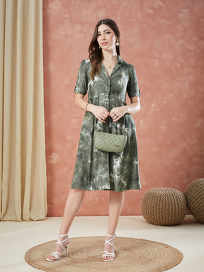 Latin Quarters Women's Green Half Sleeves Tie-Dye Collar Neck Casual Dress